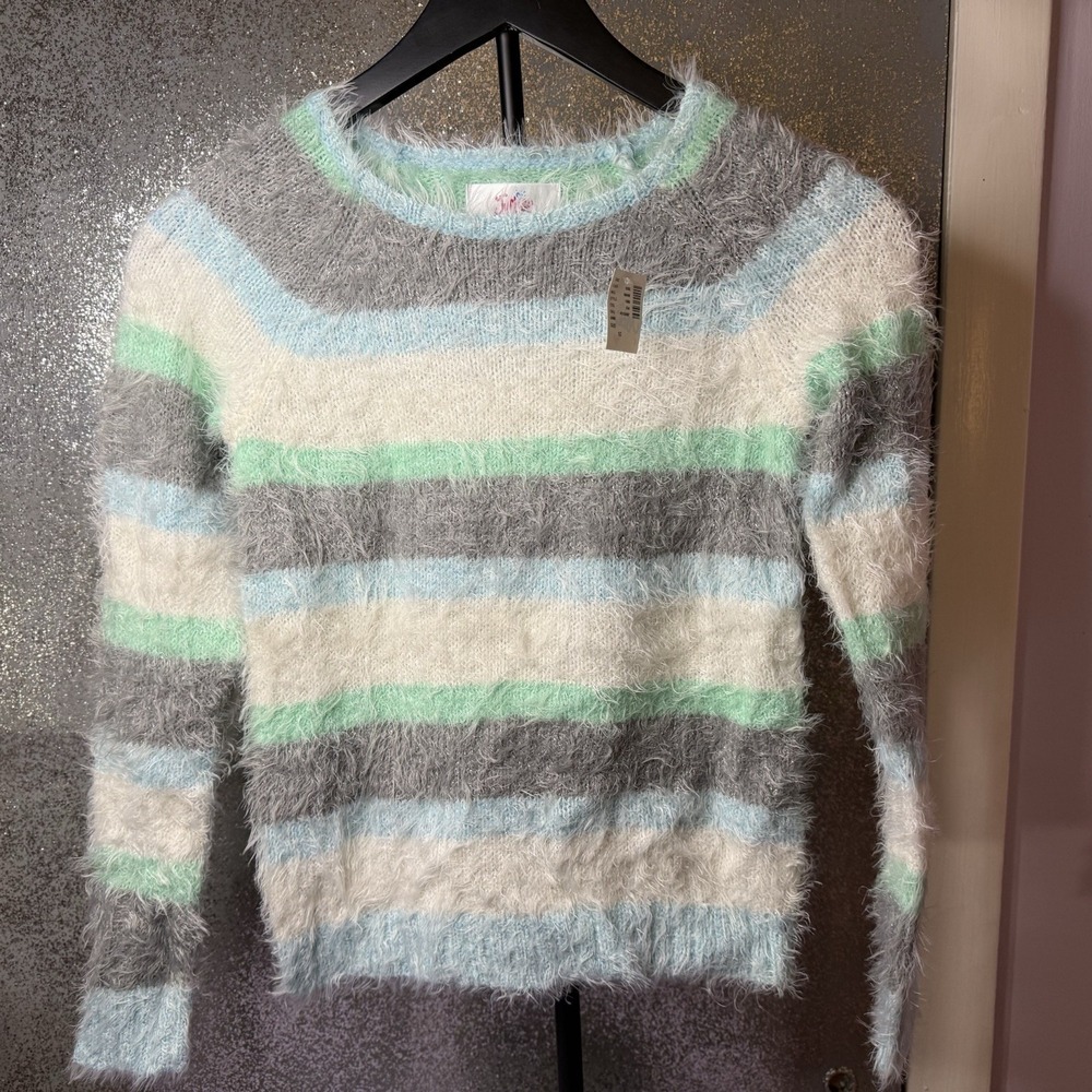 Justice Girls Size 10 NWT Shag Fuzzy Sweater Striped Green Blue Gray Pullover - Picture 2 of 7